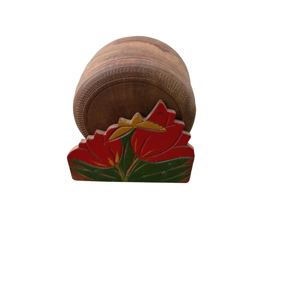 Vintage Wooden Coaster Set with Painted‎ Tulip Holder 6 Piece Rustic Folk Art